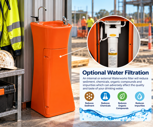 HI-VIS RM33 Blizzard orange commercial drinking fountain with bubbler, glass filler and optional Waterworks filtration at a construction site