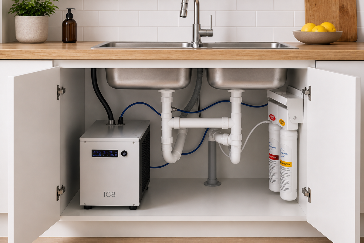 IC8 under bench water chiller with twin sediment and carbon filter system